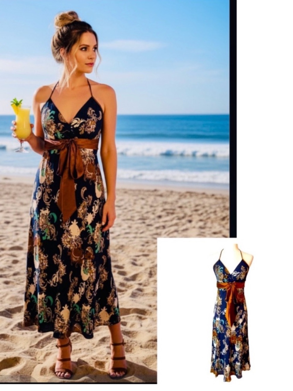 Max & Cleo 100% Silk Halter Maxi Dress NWT Blue Brown Paisley Boho Size 8 - Picture 10 of 10